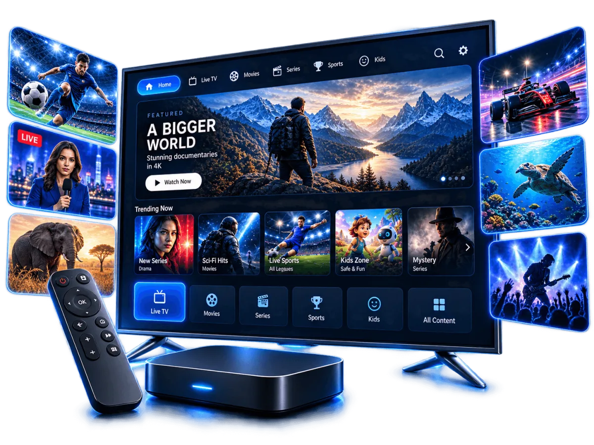 Application Veliova IPTV sur Smart TV 4K avec télécommande et boîtier multimédia
