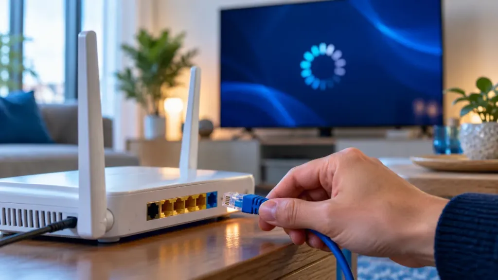 Branchement d’un câble réseau près d’un routeur pour diagnostiquer une lecture IPTV bloquée