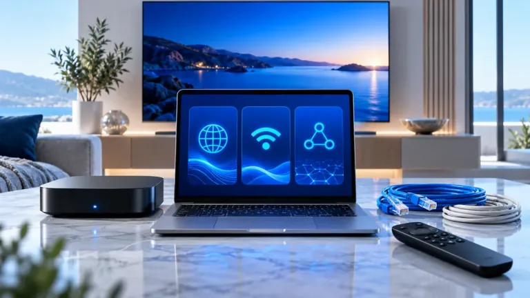 Ordinateur, récepteur et câbles illustrant plusieurs formats de connexion IPTV