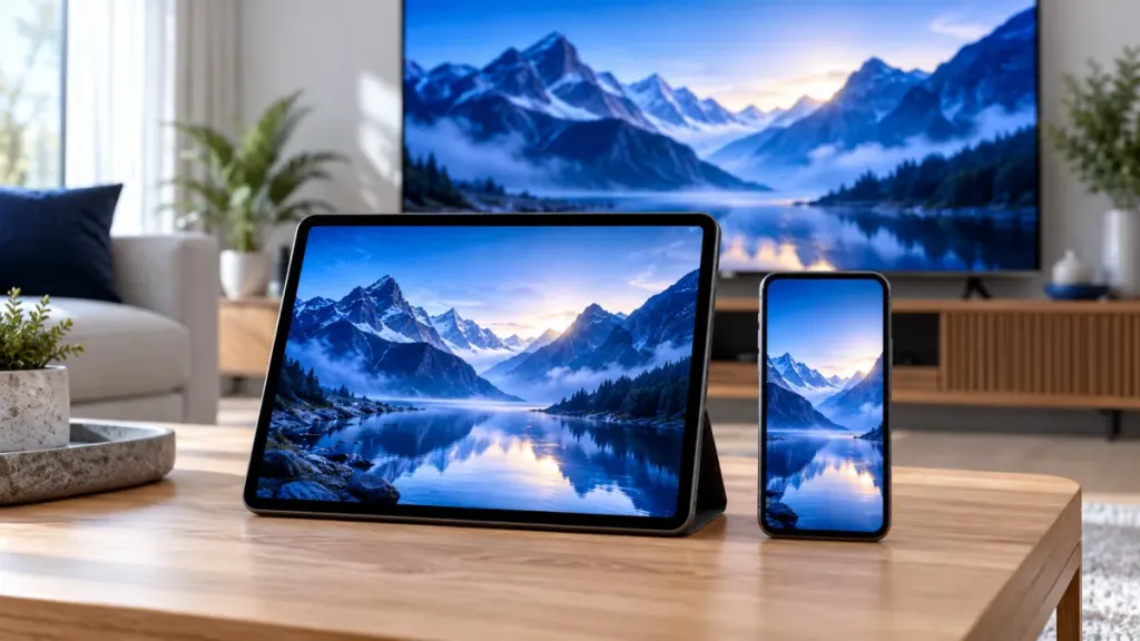 Téléphone et tablette affichant un paysage bleu original à côté d’un téléviseur