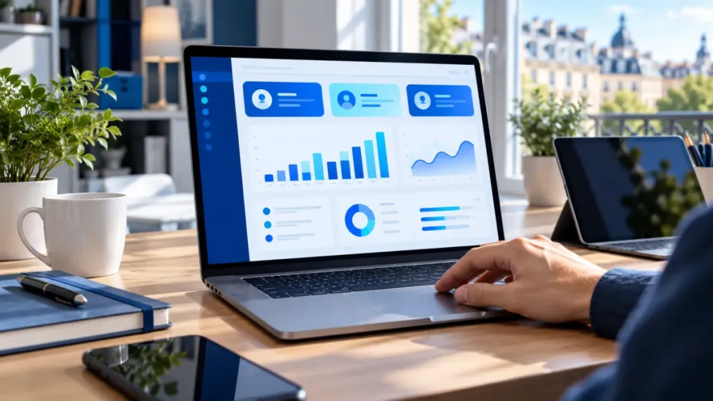 Ordinateur affichant une interface abstraite de gestion des comptes et des statistiques