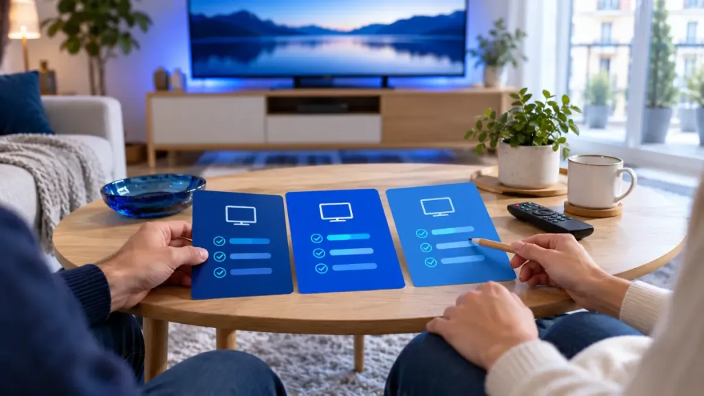Comparaison de trois cartes d’offre sans marque sur une table de salon