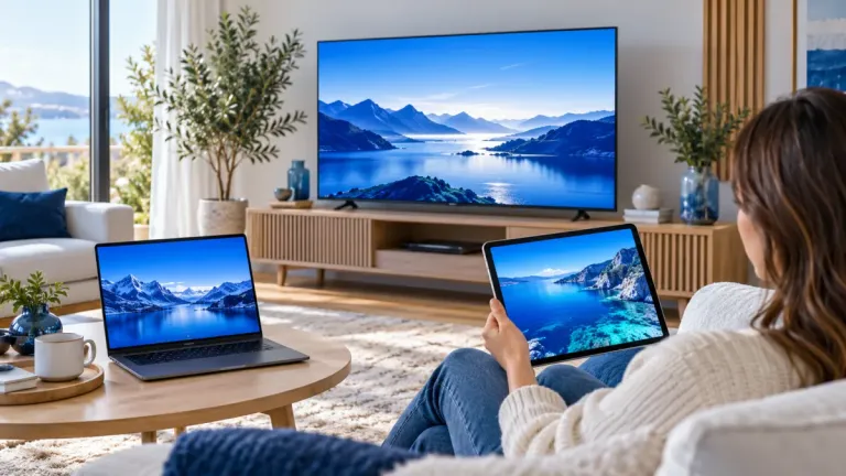 Téléviseur, ordinateur et tablette illustrant le streaming sur plusieurs écrans