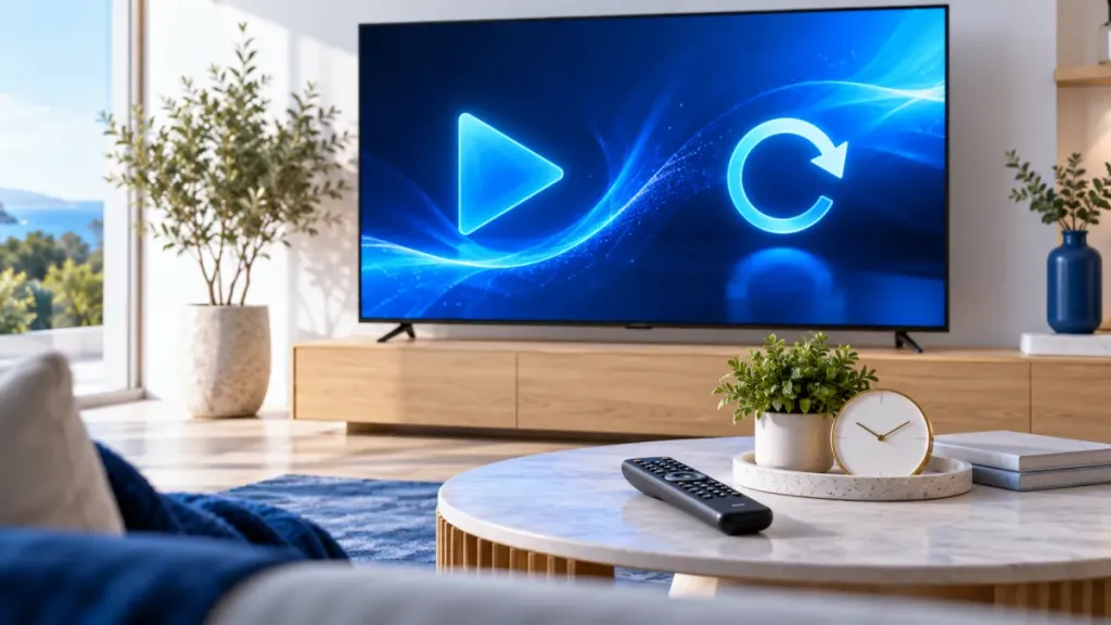 Télécommande et horloge près d’un téléviseur illustrant le direct et le replay